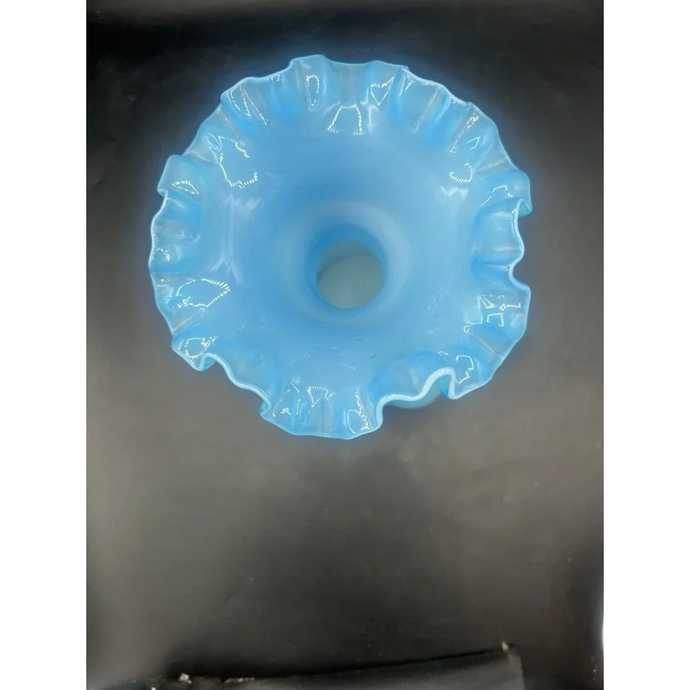 Vintage Fenton Blue Opalescent Melon Vase Ruffled Rim Mid Century Art Glass 7.75